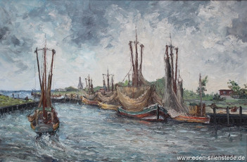 Bensersiel, Schiffe im Hafen, 1960-70er, 60,5x50,5 cm, Öl auf Leinwand, Privatbesitz (WV-Nr. 1050)