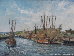 Bensersiel, Schiffe im Hafen, 1963, 66x50,3 cm, Öl auf Leinwand, Privatbesitz (WV-Nr. 1493)