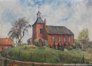 Berdum, Kirche, um 1958, 64x46 cm, Öl auf Leinwand, Privatbesitz (WV-Nr. 1381)