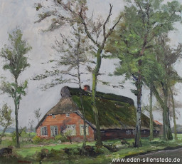 Bockhorn, Heuerhaus, um 1950, 66x59 cm, Öl auf Leinwand, Privatbesitz (WV-Nr. 720)