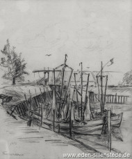 Carolinensiel, An der Friedrichsschleuse, 1956, 25,5x31,5 cm, Kohlezeichnung, Privatbesitz (WV-Nr. 849)