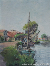 Carolinensiel, An der Friedrichsschleuse, 1956, 46x61 cm, Öl auf Leinwand, Privatbesitz (WV-Nr. 851)