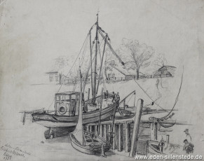 Carolinensiel, An der Friedrichsschleuse bei Ebbe, 1934, 28,5x22,5 cm, Bleistiftzeichnung, Nachlass Arthur Eden (WV-Nr. 180)