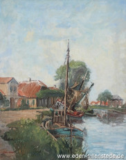 Carolinensiel, An der Friedrichsschleuse, um 1956, 50,4x64 cm, Öl auf Leinwand, Privatbesitz (WV-Nr. 1161)