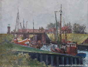 Carolinensiel, Friedrichsschleuse, 1950er, 56x42 cm, Öl auf Leinwand, Privatbesitz (WV-Nr. 678)