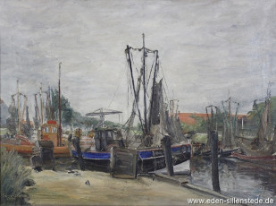 Carolinensiel, Friedrichsschleuse, 1955, 72,5x54,5 cm, Öl auf Leinwand, Besitz Landessparkasse Jever (WV-Nr. 992)