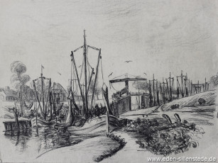 Carolinensiel, Friedrichsschleuse 1956, 1950-60er, 39,5x29,5 cm, Kohlezeichnung, Nachlass Arthur Eden (WV-Nr. 196)