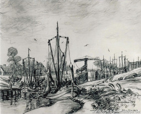 Carolinensiel, Friedrichsschleuse 1956, 1950-60er, 39x29 cm, Kohlezeichnung, Privatbesitz (WV-Nr. 1457)