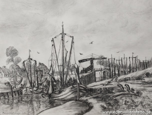 Carolinensiel, Friedrichsschleuse 1956, 1975, 39x29 cm, Kohlezeichnung, Privatbesitz (WV-Nr. 1030)