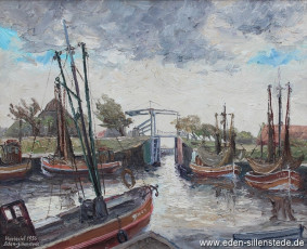 Carolinensiel, Friedrichsschleuse, 1956, 65x52 cm, Öl auf Leinwand, Besitz Schlossmuseum Jever (WV-Nr. 781)