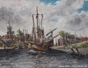 Carolinensiel, Friedrichsschleuse 1956, 70,3x54 cm, Öl auf Leinwand, Privatbesitz (WV-Nr. 1285)