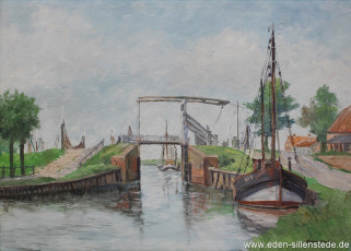 Carolinensiel, Friedrichsschleuse mit Brücke, 1930-40er, 51x37 cm, Tempera, Privatbesitz (WV-Nr. 998)