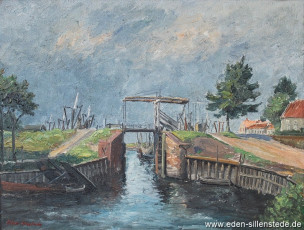 Carolinensiel, Friedrichsschleuse mit Brücke, um 1950, 50,5x39 cm, Öl auf Leinwand, Besitz Gemeinde Wangerland (WV-Nr. 500)