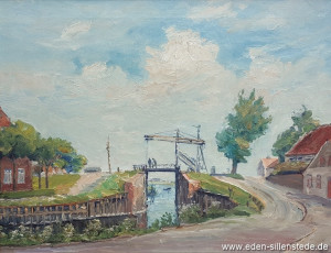 Carolinensiel, Friedrichsschleuse mit Brücke, um 1950, 60x46 cm, Öl auf Leinwand, Privatbesitz (WV-Nr. 1429)