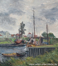 Carolinensiel, Friedrichsschleuse, um 1961, 53x60 cm, Öl auf Leinwand, Privatbesitz (WV-Nr. 694)