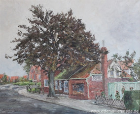 Carolinensiel, Haus der Bäckerei Groenewold Bahnhofstraße, 1968, 75x65 cm, Öl auf Leinwand, Privatbesitz (WV-Nr. 475)