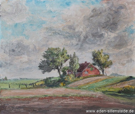 Carolinensiel, Umland, Haus am Deich, 1950er, 60x50 cm, Öl auf Leinwand, Privatbesitz (WV-Nr. 1006)