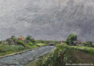 Crildumersiel, Blick auf das Siel, 1964, 63x45 cm, Öl auf Leinwand, Besitz Landkreis Friesland (WV-Nr. 598)