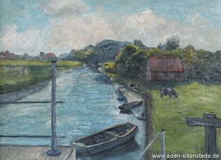 Crildumersiel, Blick vom Sieltor, 1950er, 52x38 cm, Öl auf Leinwand, Besitz Landkreis Friesland (WV-Nr. 625)