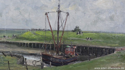 Crildumersiel, Kutter, 1950er, 66x38 cm, Öl auf Leinwand, Besitz Landkreis Friesland (WV-Nr. 603)