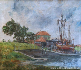 Dornum, Bootswerft Dornumersiel, 1963, 60x50 cm, Öl auf Leinwand, Privatbesitz (WV-Nr. 42)