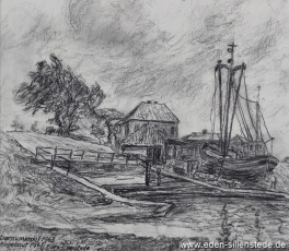 Dornumersiel, Bootswerft, 1963, 23x20 cm, Kohlezeichnung, Privatbesitz (WV-Nr. 31)
