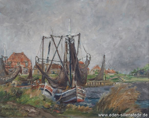 Dornumersiel, Hafen, 1961, 62,5x49 cm, Öl auf Leinwand, Privatbesitz (WV-Nr. 1243)