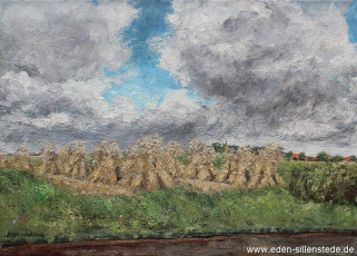 Fedderwarden, Getreidehocken, 1969, 70,5x50 cm, Öl auf Leinwand, Nachlass Arthur Eden (WV-Nr. 131)
