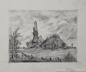 Friedeburg, Mühle, um 1965, 26,5x20 cm, Kohlezeichnung, Nachlass Arthur Eden (WV-Nr. 165)