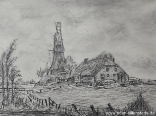 Friedeburg, Mühle, um 1965, 28x21cm, Kohlezeichnung, Privatbesitz (WV-Nr. 1098)