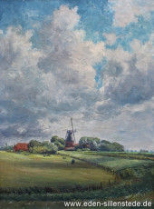 Friederikenvorwerk, Mühle, 1950er, 65x87 cm, Öl auf Leinwand, Besitz Landkreis Friesland (WV-Nr. 570)