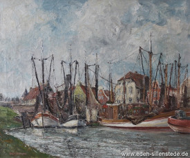 Greetsiel, Hafen, 1950er, 72,5x60 cm, Öl auf Leinwand, Privatbesitz Jever (WV-Nr. 825)