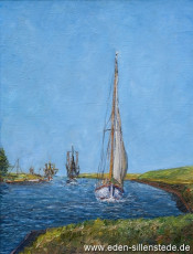 Greetsiel, Segelschiff Schwalbe, 1963, 41x53 cm, Öl auf Leinwand, Privatbesitz (WV-Nr. 1273)