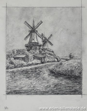Greetsiel, Zwillingsmühlen, 1968, 20,5x24 cm, Kohlezeichnung, Nachlass Arthur Eden (WV-Nr. 174)