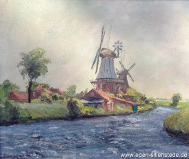 Greetsiel, Zwillingsmühlen, um 1960, 50x60 cm, Öl auf Leinwand, Privatbesitz (WV-Nr. 1284)