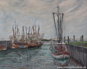 Harlesiel, Hafen, 1966, 66,5x52,5 cm, Öl auf Leinwand, Privatbesitz (WV-Nr. 1419)