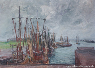 Harlesiel, Hafen, um 1966, 69,3x50,5 cm, Öl auf Leinwand, Privatbesitz (WV-Nr. 1211)