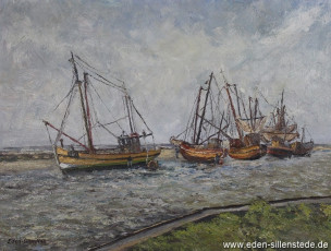 Harlesiel, Kutter bei Ebbe, 1960er, 66,5x50 cm, Öl auf Leinwand, Privatbesitz (WV-Nr. 3)
