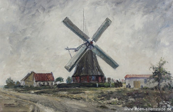 Heidmühle, Mühle um 1904, 1950er, 64x42 cm, Öl auf Leinwand, Besitz Stadt Schortens (WV-Nr. 819)