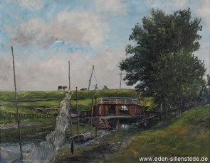 Hohenstiefersiel, Blick auf das Siel, 1962, 64,5x50 cm, Öl auf Leinwand, Privatbesitz (WV-Nr. 1260)