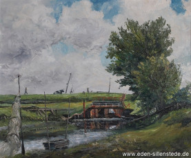 Hohenstiefersiel, Blick auf das Siel, 1962, 68,2x56,5 cm, Öl auf Leinwand, Privatbesitz (WV-Nr. 1438)