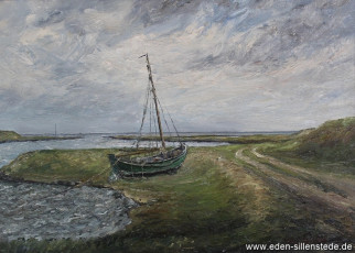 Hohenstiefersiel, Boot an Land, 1963, 70x50 cm, Öl auf Leinwand, Besitz Landkreis Friesland (WV-Nr. 633)