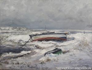 Hohenstiefersiel, Boot im Winter, 1956, 50,5x38,5 cm, Öl auf Leinwand, Nachlass Arthur Eden (WV-Nr. 120)