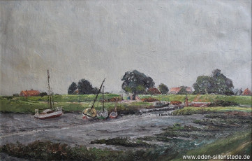 Hohenstiefersiel, Boote bei Ebbe, 1963, 68x44,5 cm, Öl auf Leinwand, Privatbesitz (WV-Nr. 858)