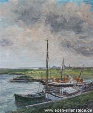 Hohenstiefersiel, Boote bei Flut, 1962, 47x56 cm, Öl auf Leinwand, Privatbesitz (WV-Nr. 1283)