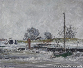 Hohenstiefersiel, Boote im Winter, 1961, 54x45 cm, Öl auf Leinwand, Besitz Landkreis Friesland (WV-Nr. 629)