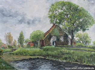 Hohenstiefersiel, Häuser am Siel, 1966, 74x54 cm, Öl auf Leinwand, Privatbesitz (WV-Nr. 1281)