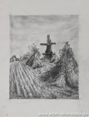 Holtland, Mühle, 1956, 23x28 cm, Kohlezeichnung, Nachlass Arthur Eden (WV-Nr. 215)