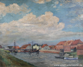 Hooksiel, Alter Hafen, 1926, 87x70 cm, Öl auf Holz, Privatbesitz (WV-Nr. 1107)