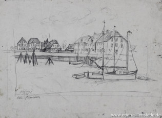 Hooksiel, Alter Hafen, 1928, 27x18 cm, Kohlezeichnung, Nachlass Arthur Eden (WV-Nr. 248)